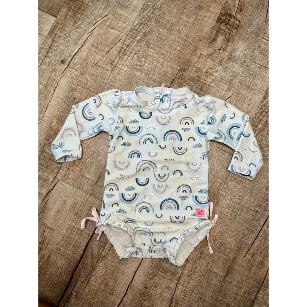 RuffleButts Baby Girls Rainbow Rash Guard One Piece Swimsuit Mint Pink 12-18M